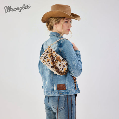 Wrangler Leopard Print Canvas Shoulder Bag with Chain Strap