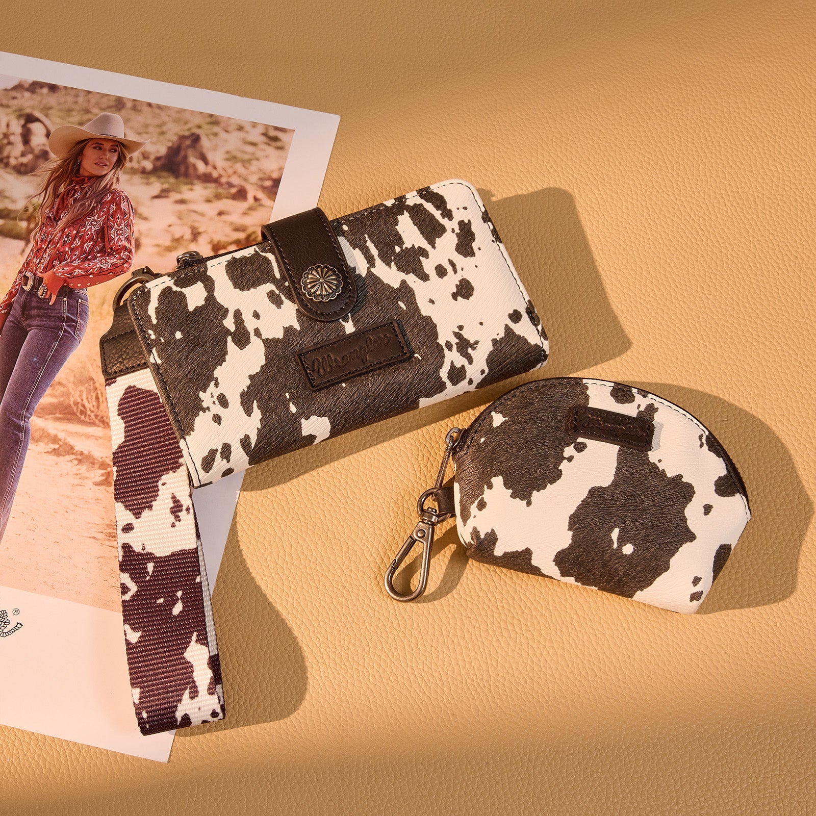 Wrangler Cow Print Wallet & Coin Pouch Wristlet Set