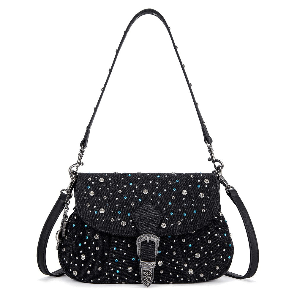 Wrangler Western Rhinestone Denim Flap Crossbody Shoulder Bag