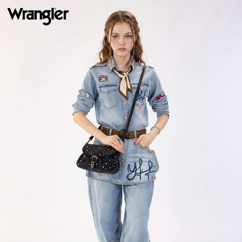 Wrangler Western Rhinestone Denim Flap Crossbody Shoulder Bag
