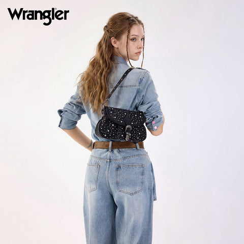 Wrangler Western Rhinestone Denim Flap Crossbody Shoulder Bag