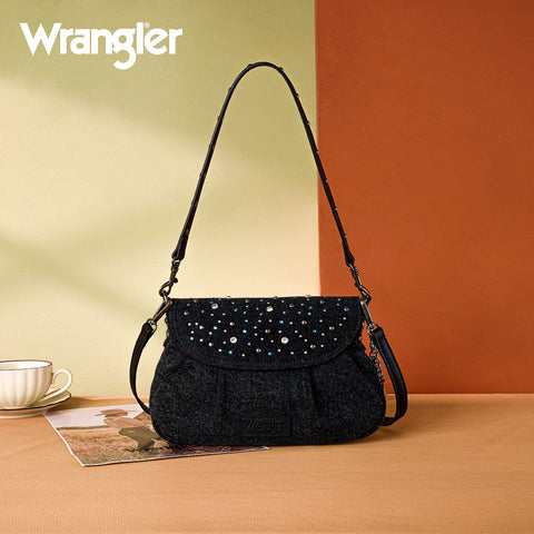 Wrangler Western Rhinestone Denim Flap Crossbody Shoulder Bag