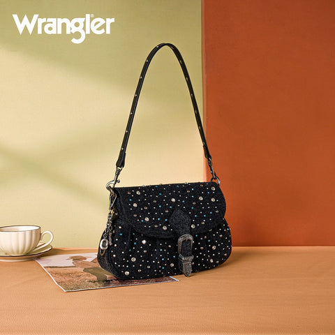Wrangler Western Rhinestone Denim Flap Crossbody Shoulder Bag