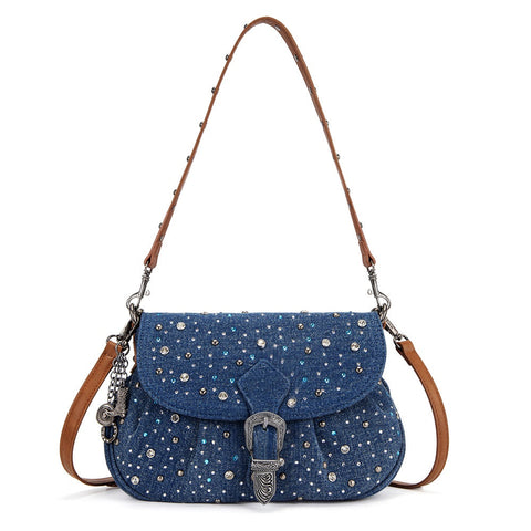 Wrangler Western Rhinestone Denim Flap Crossbody Shoulder Bag