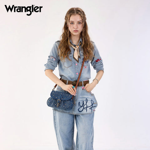 Wrangler Western Rhinestone Denim Flap Crossbody Shoulder Bag