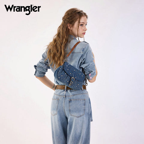 Wrangler Western Rhinestone Denim Flap Crossbody Shoulder Bag