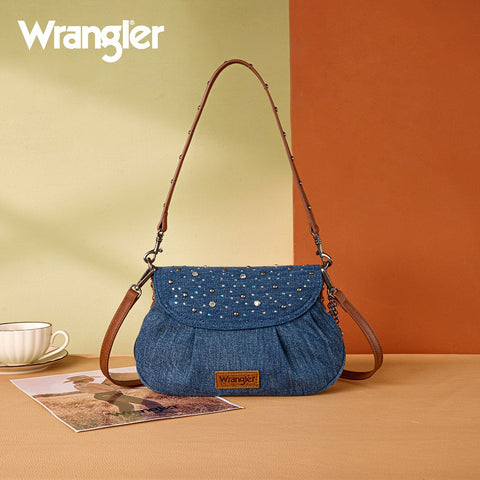 Wrangler Western Rhinestone Denim Flap Crossbody Shoulder Bag