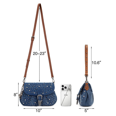 Wrangler Western Rhinestone Denim Flap Crossbody Shoulder Bag