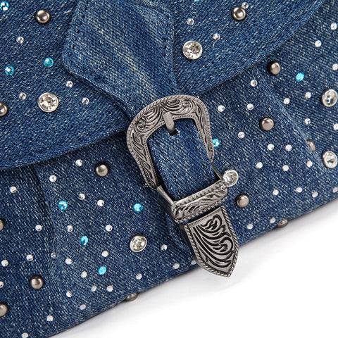 Wrangler Western Rhinestone Denim Flap Crossbody Shoulder Bag