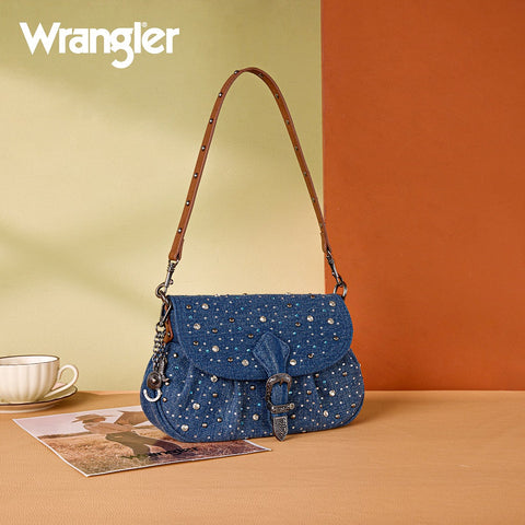 Wrangler Western Rhinestone Denim Flap Crossbody Shoulder Bag