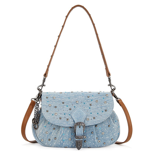 Wrangler Western Rhinestone Denim Flap Crossbody Shoulder Bag