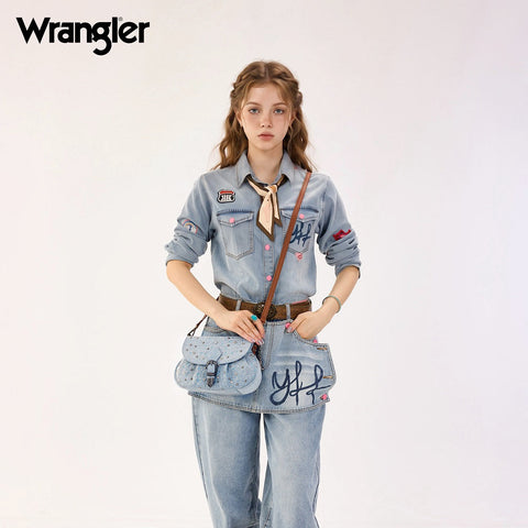 Wrangler Western Rhinestone Denim Flap Crossbody Shoulder Bag