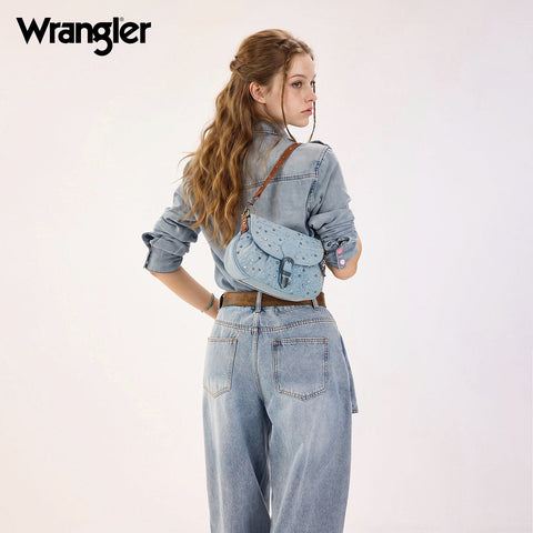 Wrangler Western Rhinestone Denim Flap Crossbody Shoulder Bag