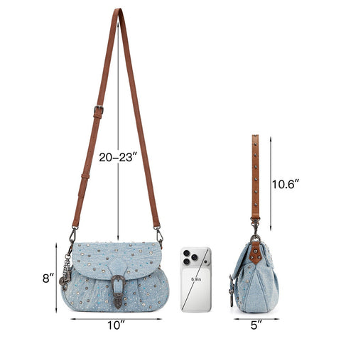 Wrangler Western Rhinestone Denim Flap Crossbody Shoulder Bag