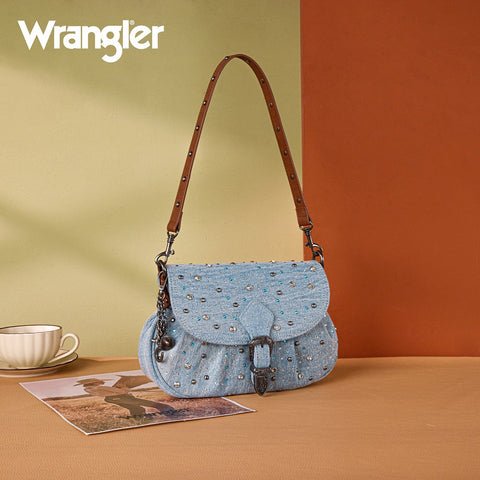 Wrangler Western Rhinestone Denim Flap Crossbody Shoulder Bag