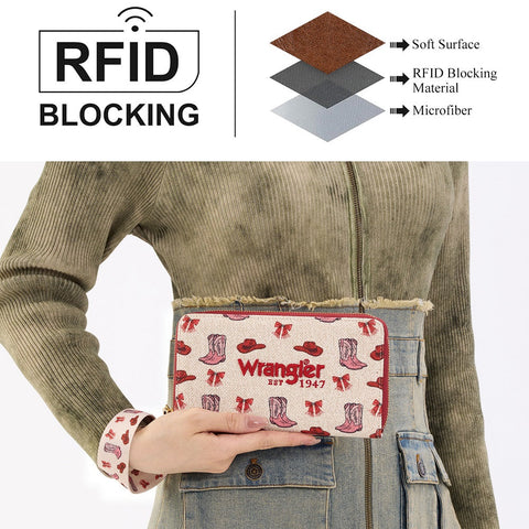 Wrangler Western Print RFID Blocking Zippered Cowgirl Wallet