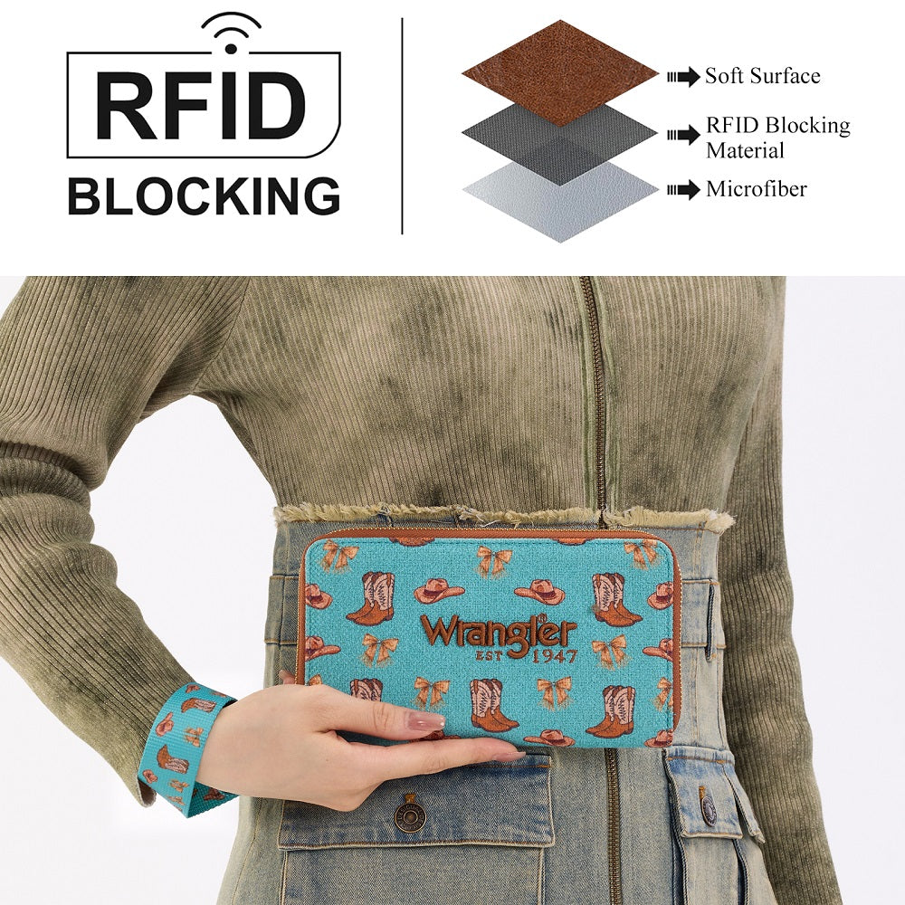 Wrangler Western Print RFID Blocking Zippered Cowgirl Wallet