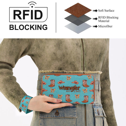 Wrangler Western Print RFID Blocking Zippered Cowgirl Wallet