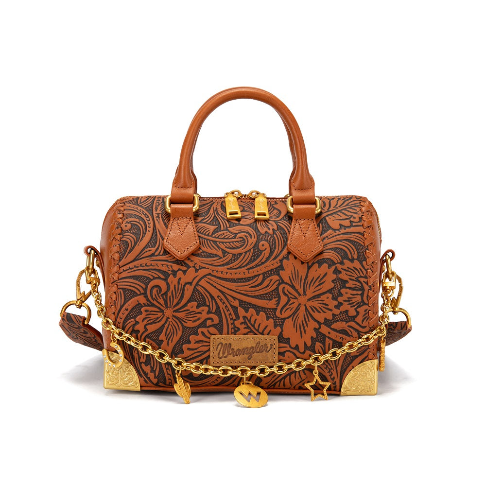 Wrangler Genuine Leather Tooled Floral  Boston Crossbody Bag with Charm Chain