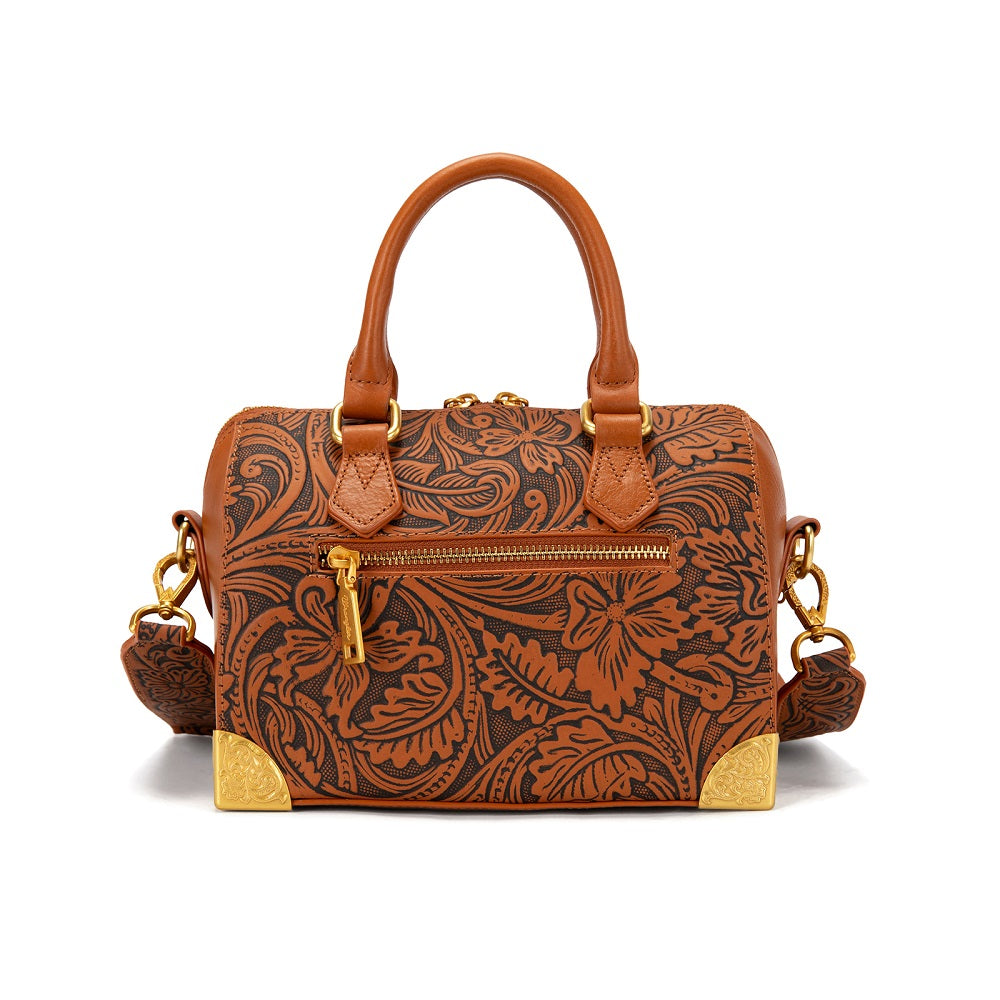 Wrangler Genuine Leather Tooled Floral  Boston Crossbody Bag with Charm Chain