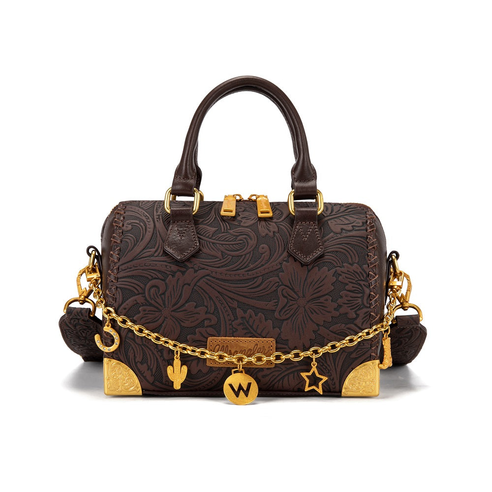 Wrangler Genuine Leather Tooled Floral  Boston Crossbody Bag with Charm Chain