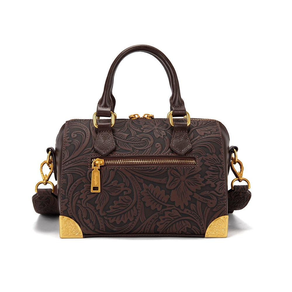 Wrangler Genuine Leather Tooled Floral  Boston Crossbody Bag with Charm Chain