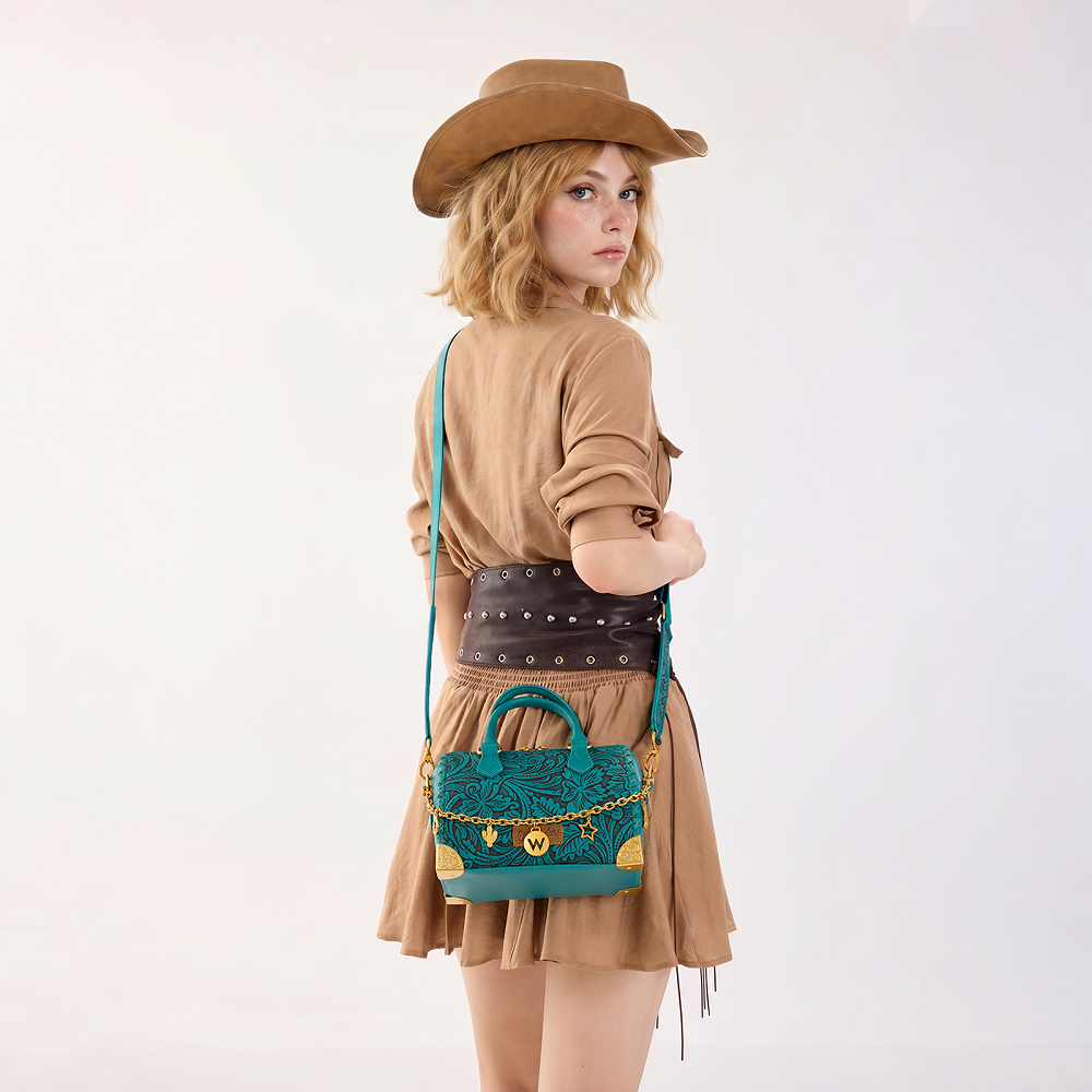 Wrangler Genuine Leather Tooled Floral  Boston Crossbody Bag with Charm Chain