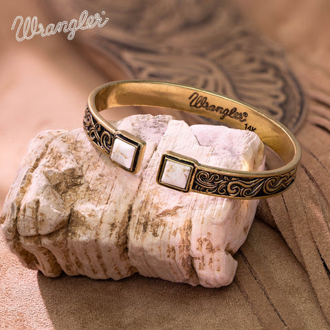 Wrangler Silver Western Natural Stone Engraved Cuff Bracelet