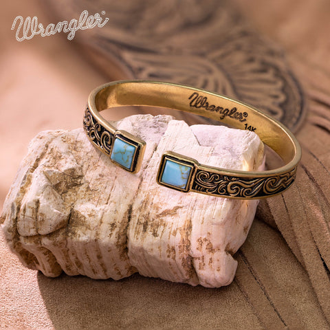 Wrangler Silver Western Natural Stone Engraved Cuff Bracelet