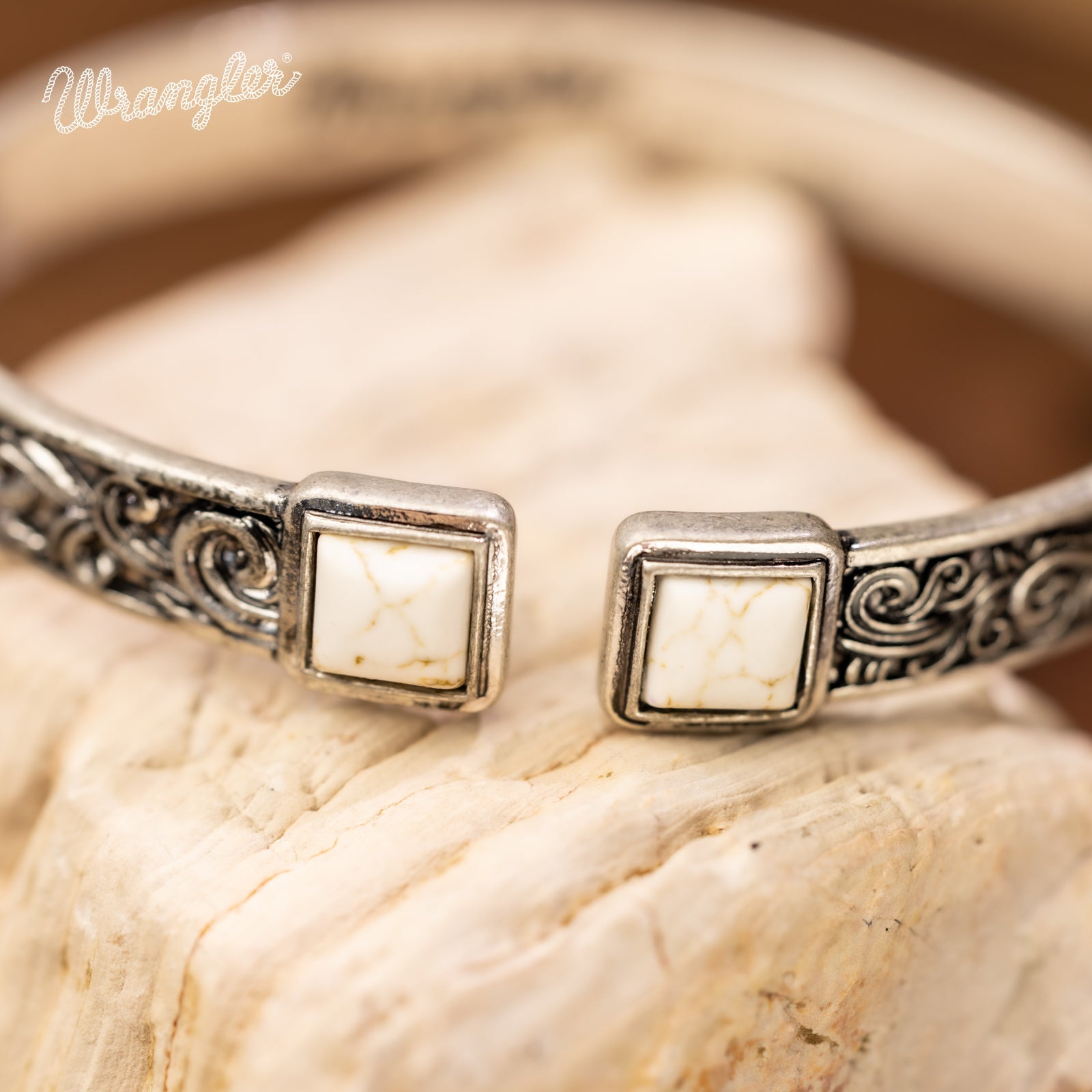 Wrangler Silver Western Natural Stone Engraved Cuff Bracelet