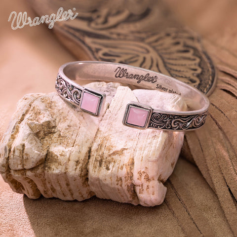 Wrangler Silver Western Natural Stone Engraved Cuff Bracelet