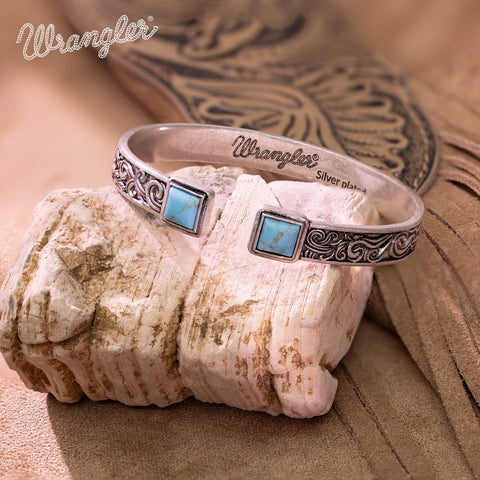Wrangler Silver Western Natural Stone Engraved Cuff Bracelet