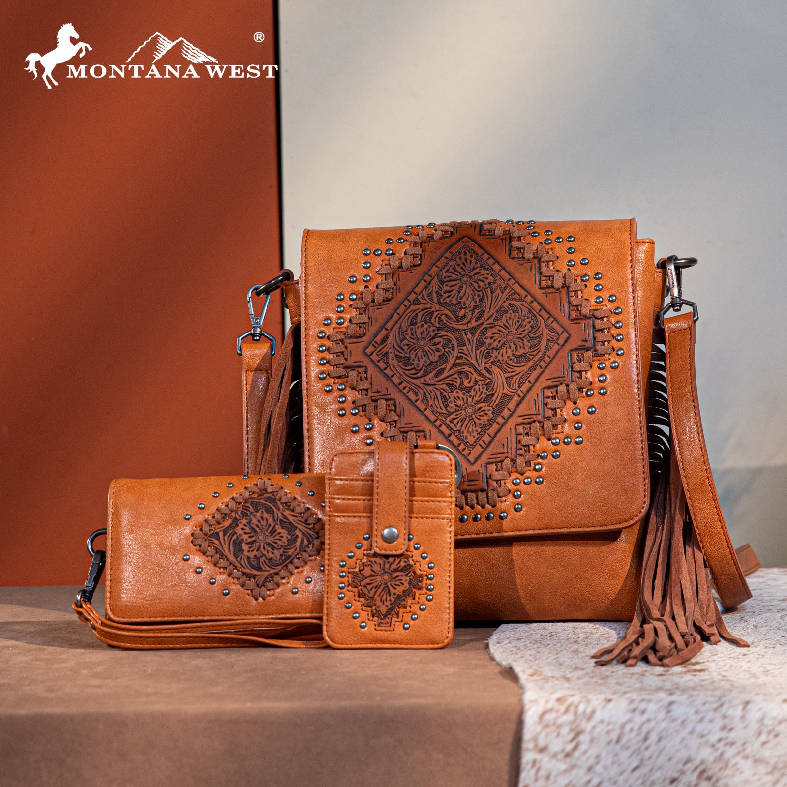 Montana West Tooled Fringe Flap Crossbody Purse Set