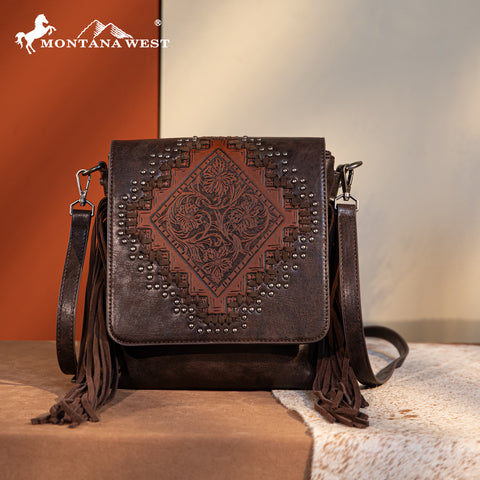 Montana West Tooled Fringe Flap Crossbody Purse Set