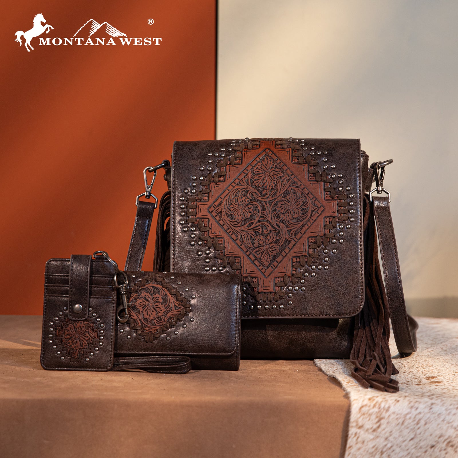 Montana West Tooled Fringe Flap Crossbody Purse Set