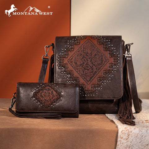 Montana West Tooled Fringe Flap Crossbody Purse Set