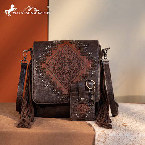 Montana West Tooled Fringe Flap Crossbody Purse Set