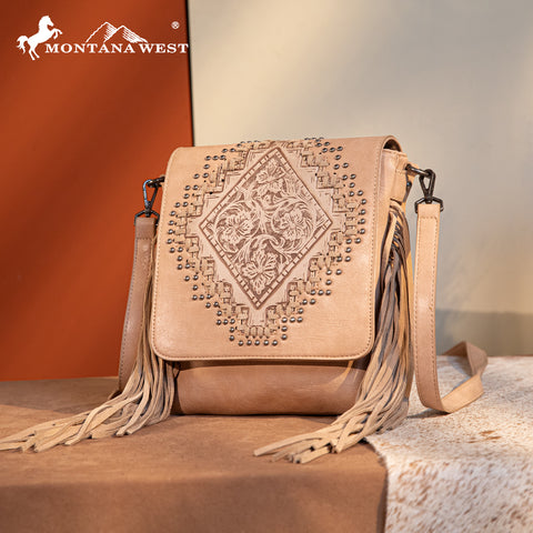 Montana West Tooled Fringe Flap Crossbody Purse Set