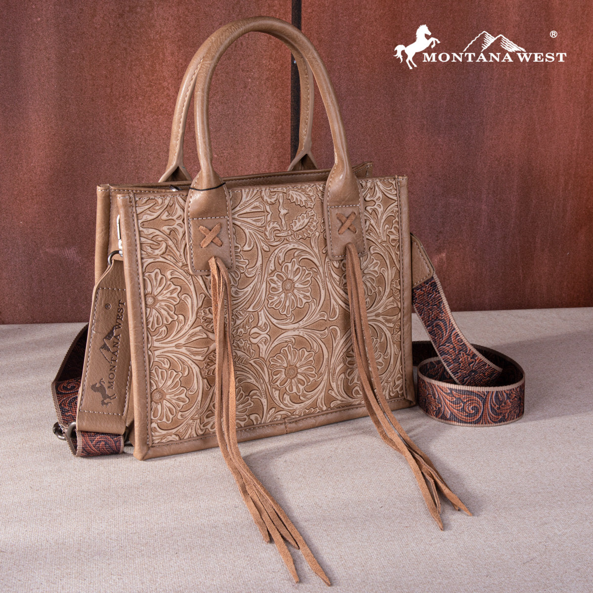 Montana West Fringe Tooled Tote Bag