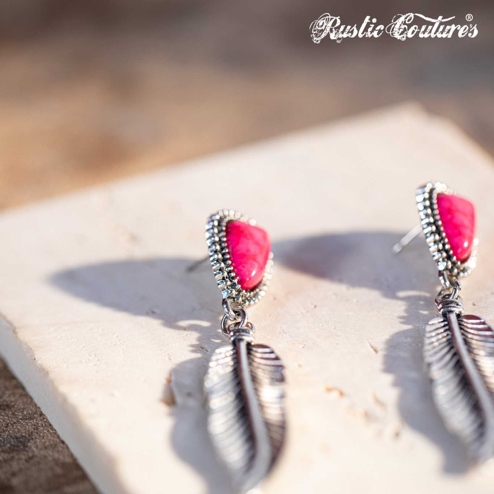 Rustic Couture's Hot Pink Nature Stone with Feather Silver Dangling Earring