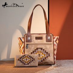 Montana West Embroidered Aztec Denim Tote Set