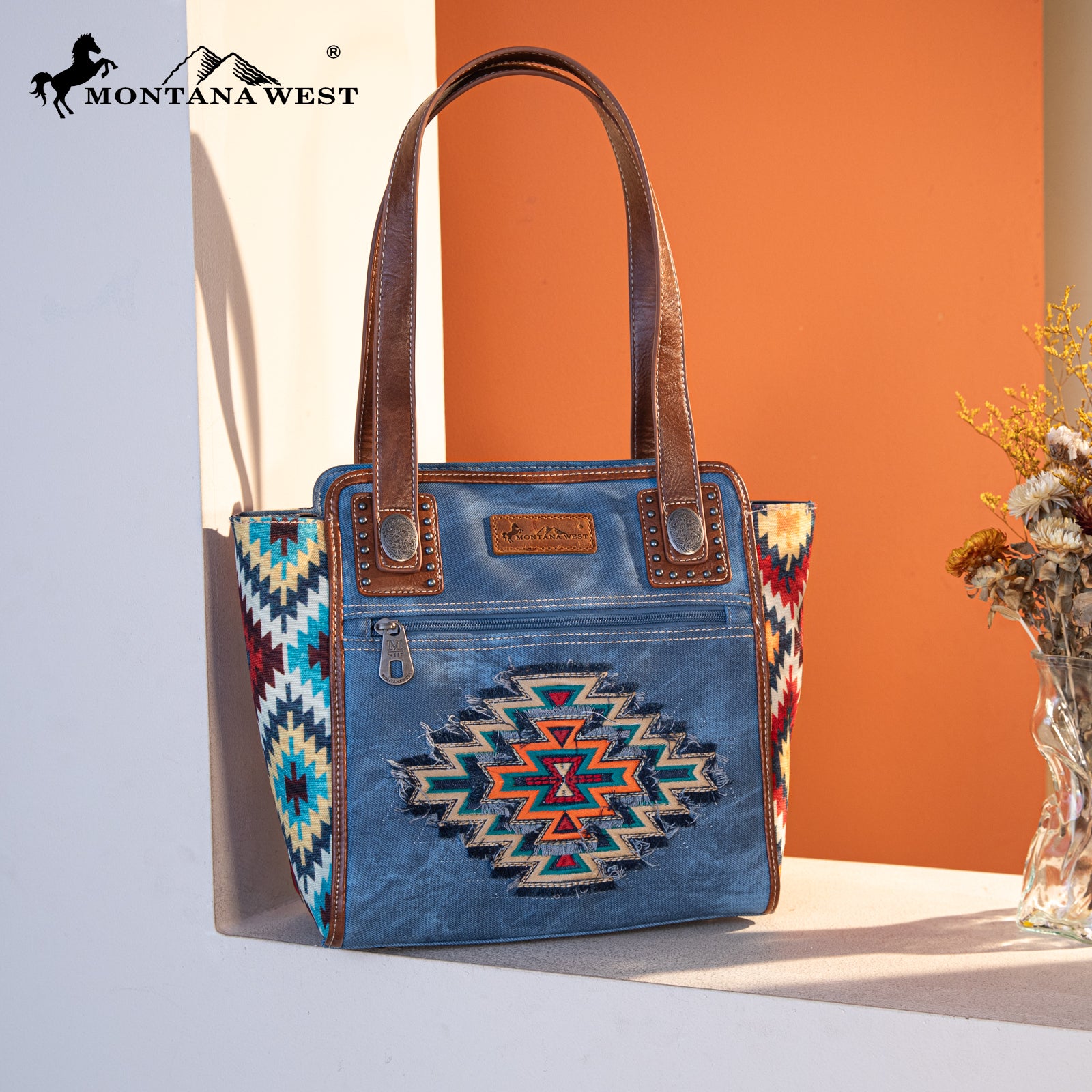 Montana West Embroidered Aztec Denim Tote Set