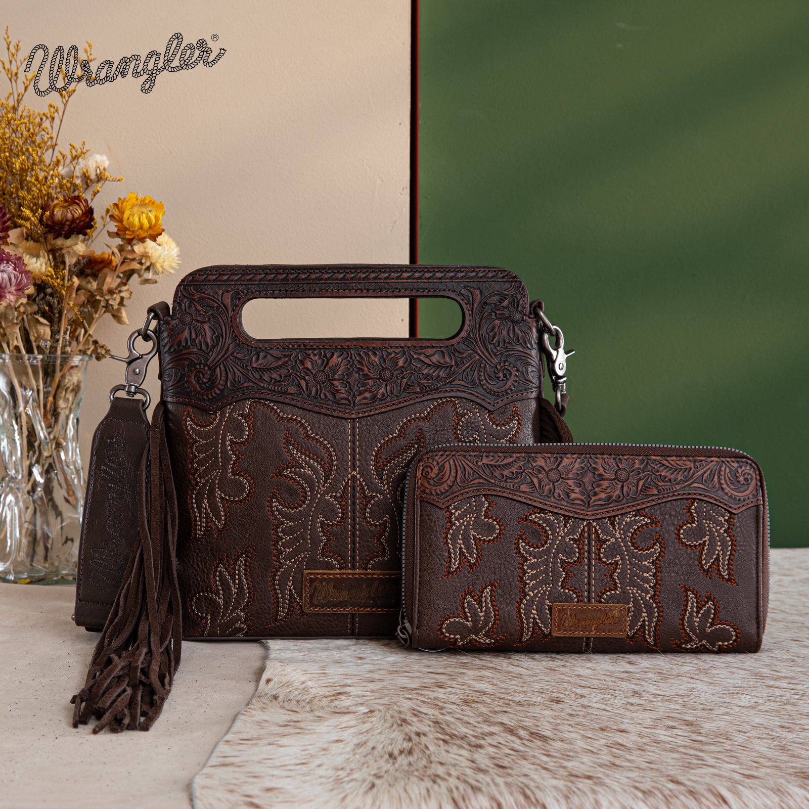 Wrangler Tooled Fringe Crossbody Bag Set