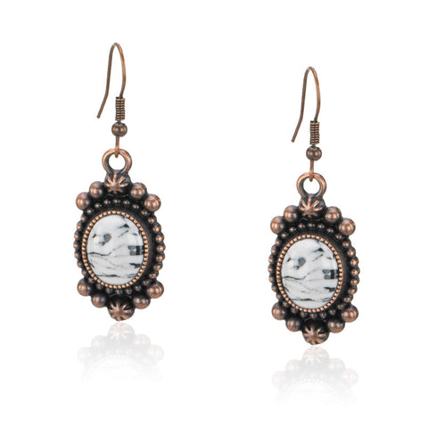 Rustic Couture's® Oval Nature Stone with Silver/Brozen Base Dangling Earring