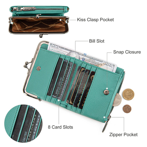 Wrangler Women's Wallet RFID Blocking Wallets Small Bifold Credit Card Holder with Kiss Clasp Black