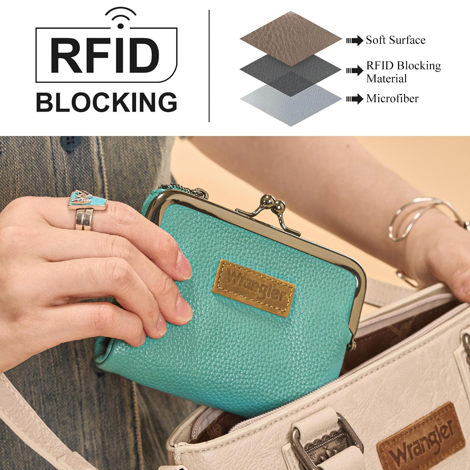 Wrangler Women's Wallet RFID Blocking Wallets Small Bifold Credit Card Holder with Kiss Clasp Black