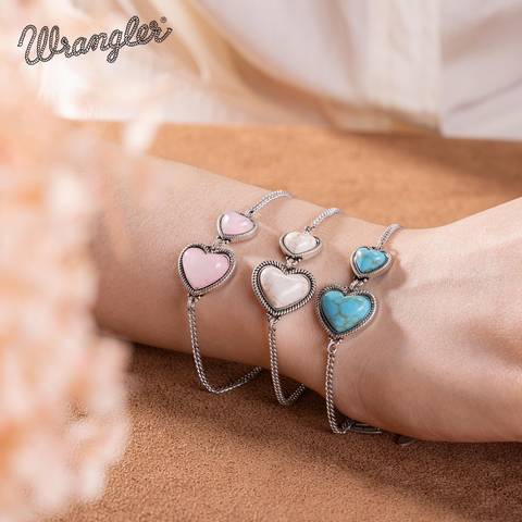 Wrangler Link Bracelets with Heart Charms and Adjustable Chain for Women's Fashion Jewelry