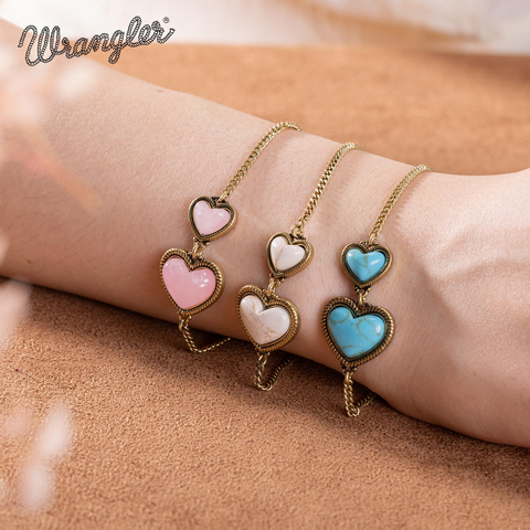 Wrangler Link Bracelets with Heart Charms and Adjustable Chain for Women's Fashion Jewelry