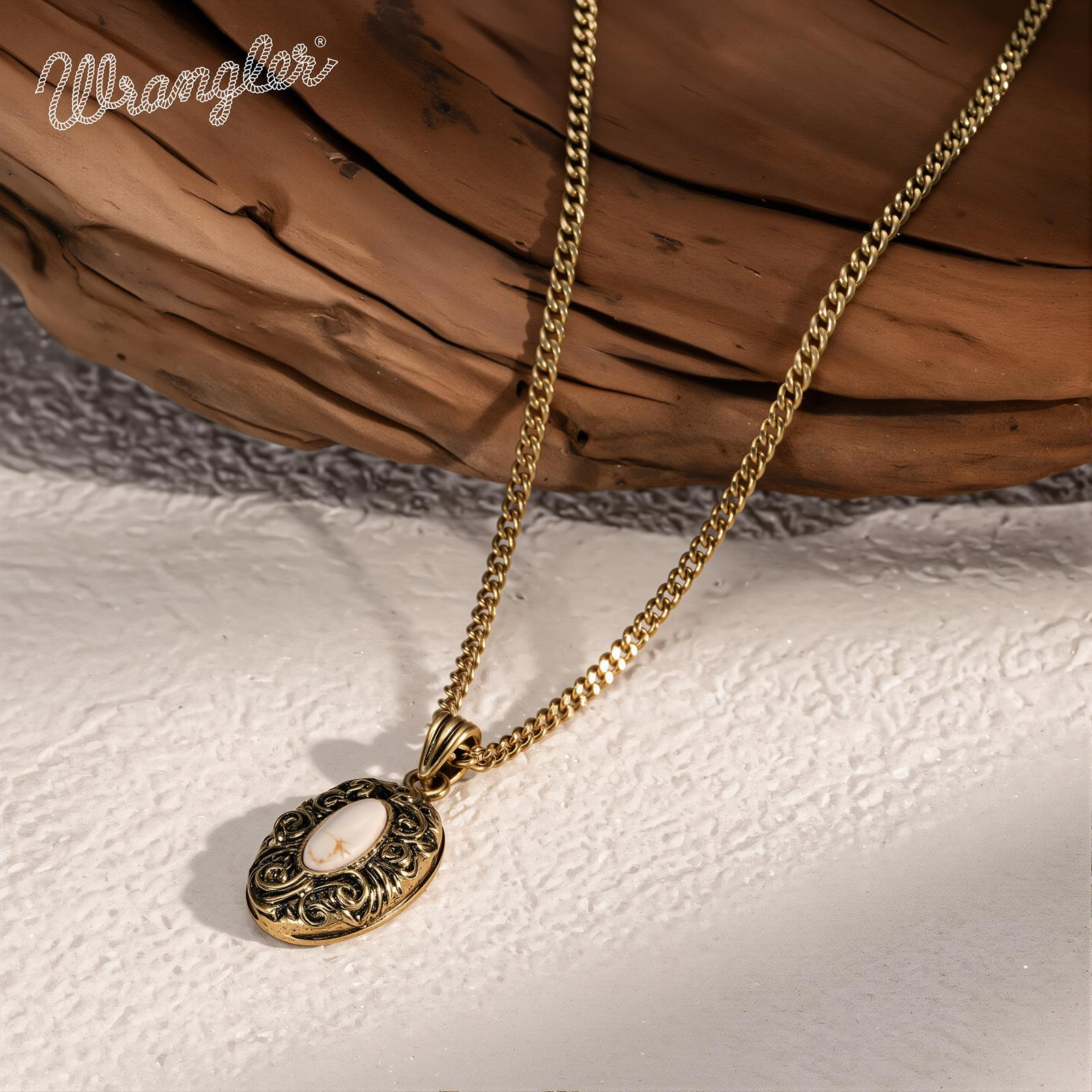 Wrangler Western Pendant Necklace for Women 14K Gold Statement Carvings Turquoise Cowgirl Vintage Jewelry