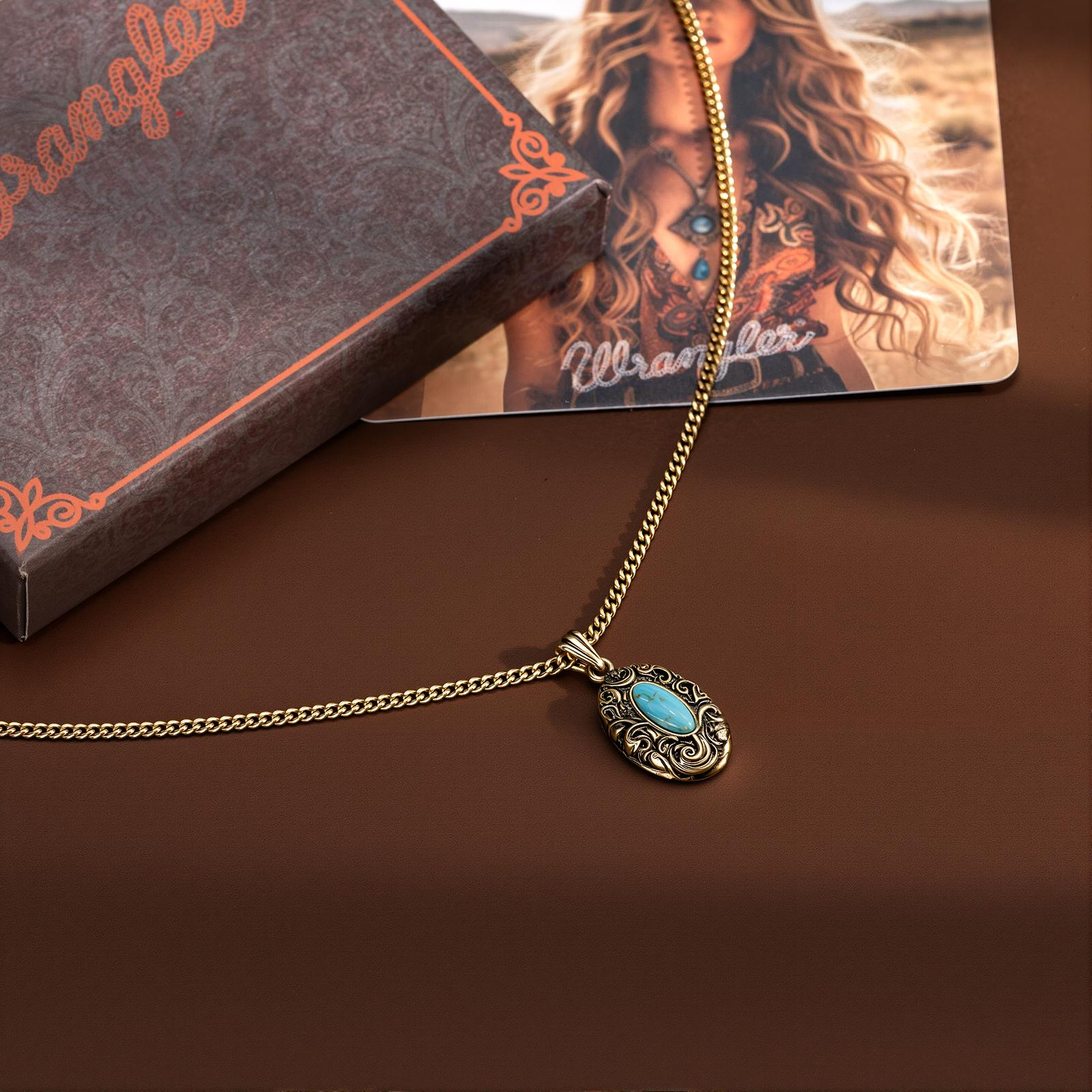 Wrangler Western Pendant Necklace for Women 14K Gold Statement Carvings Turquoise Cowgirl Vintage Jewelry
